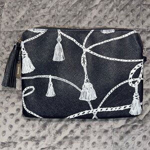 Chico’s blue white tassel print tech bag cosmetic pouch navy blue zip close NWT